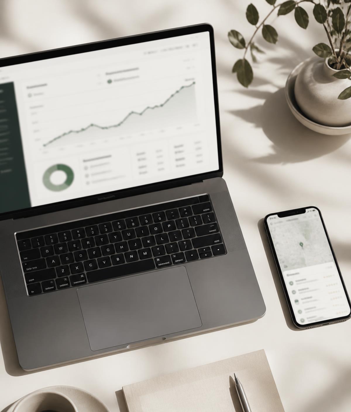 Laptop mit Website-Analytics und Smartphone mit lokalem Google-Eintrag